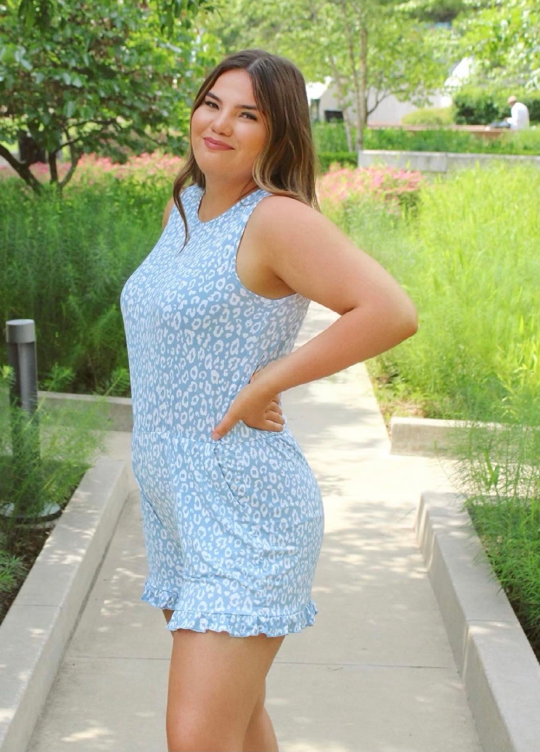 Dusty blue leopard romper